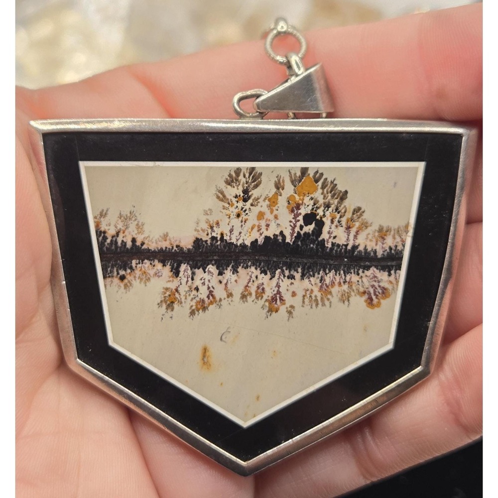 Dendritic Agate Landscape Necklace 925 Sterling Silver Pentagon Pendant